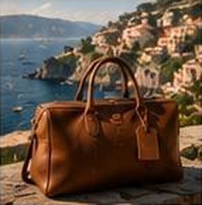 Leather travel bag overlooking the coast