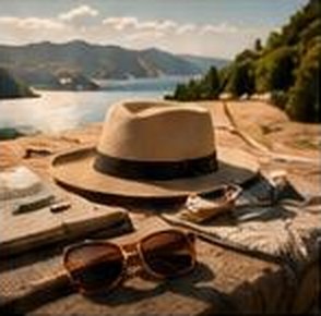 Hat and sunglasses by the sea